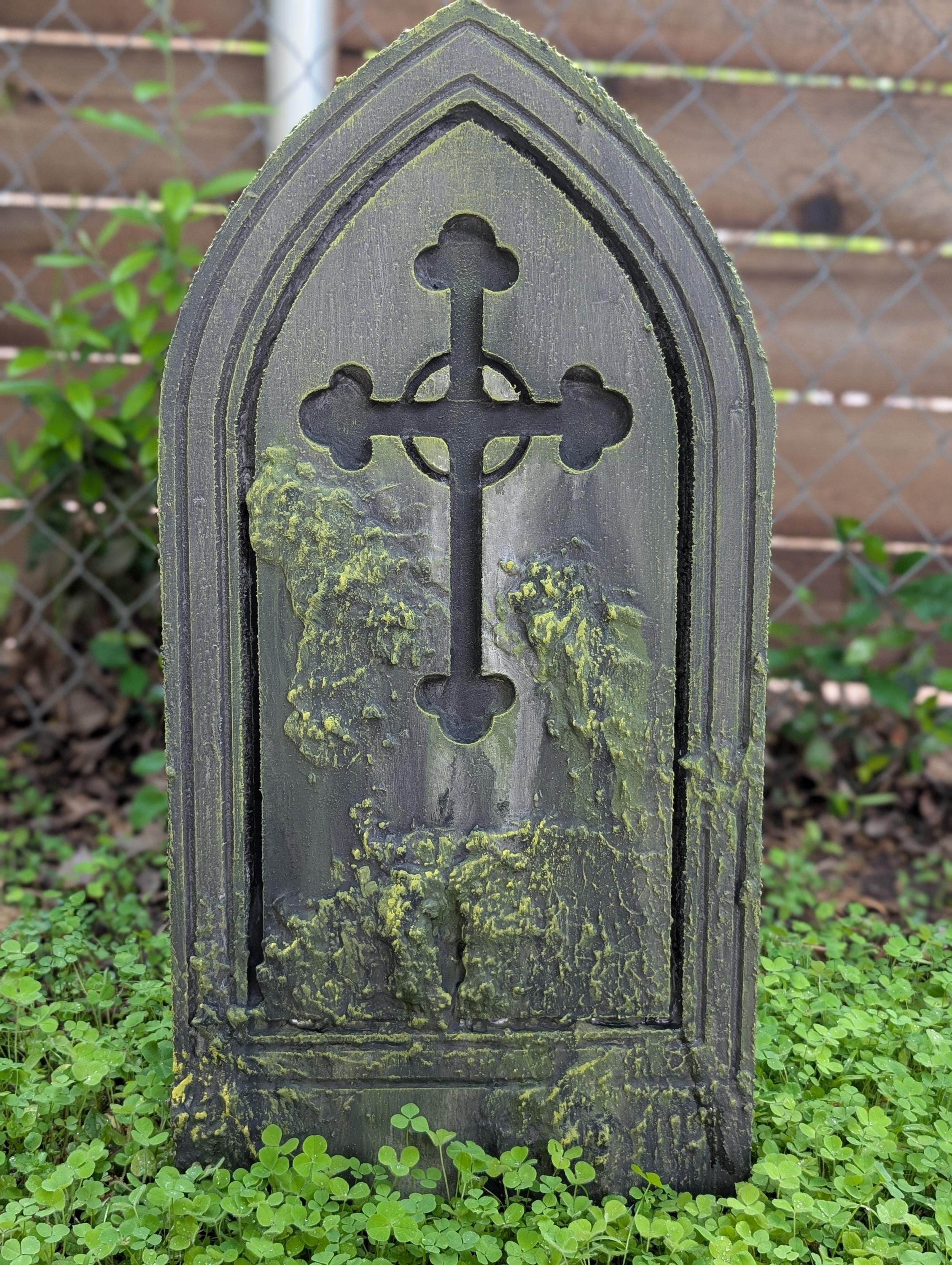 Gothic Cross Gravestone Prop – Custom Faux Moss Finish